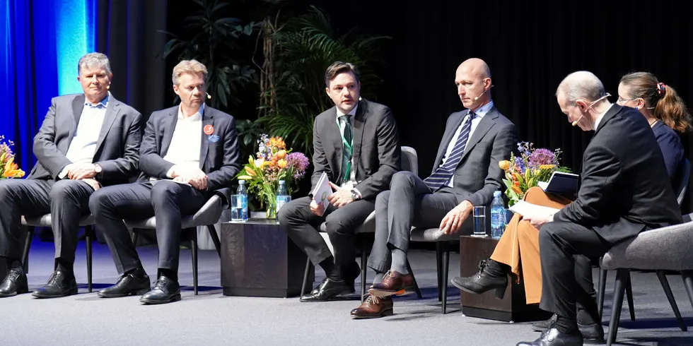 The offshore wind panel at WindEurope 2023, including RWE's Sven Utermöhlen (3rd right) and Ocean Winds' Grzegorz Gorski (far left).