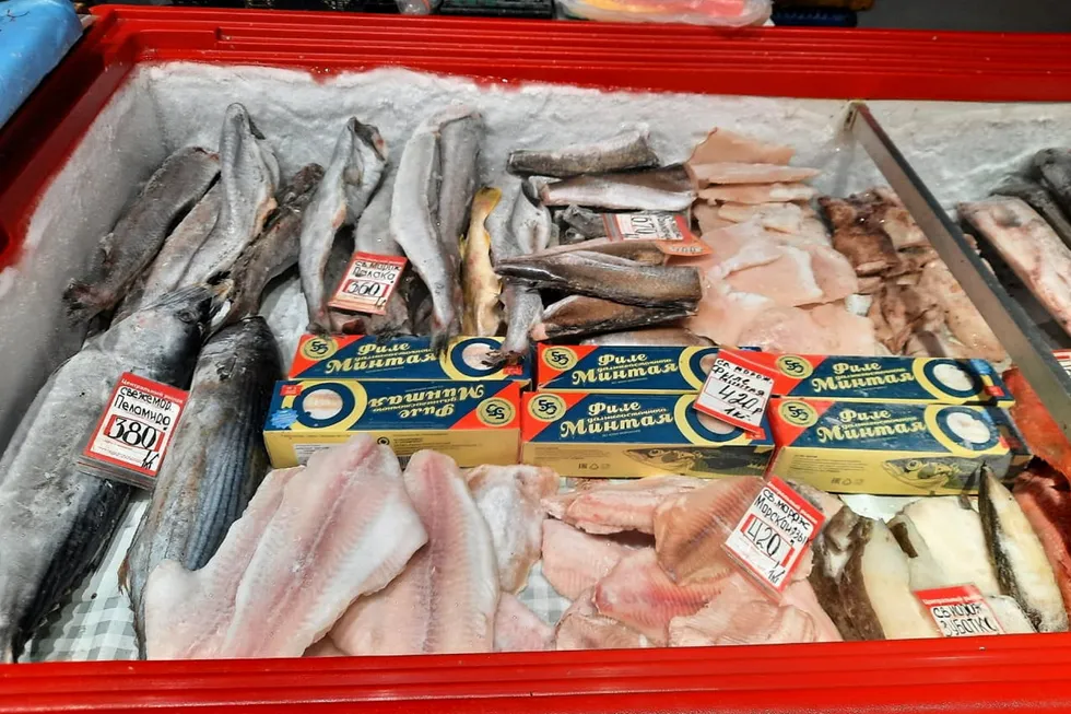 Pollock fillet on sale at the city market in Kaliningrad, Russia.