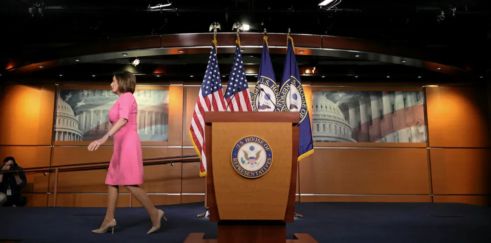US House Speaker Nancy Pelosi leaves a news conference about legislation addressing stimulus package to address economic impact of ongoing coronavirus outbreak