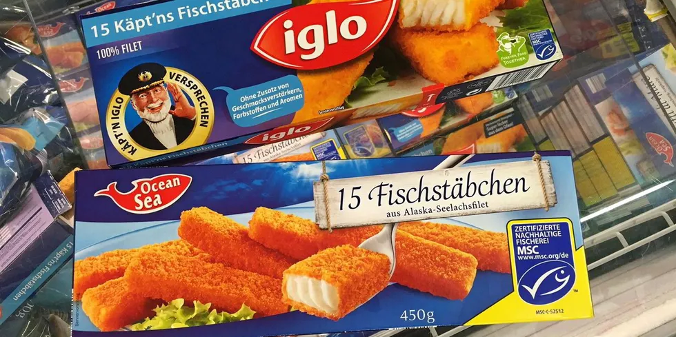 Iglo frozen fish fingers alongside a Lidl private label brand. Both are made with Alaska pollock.