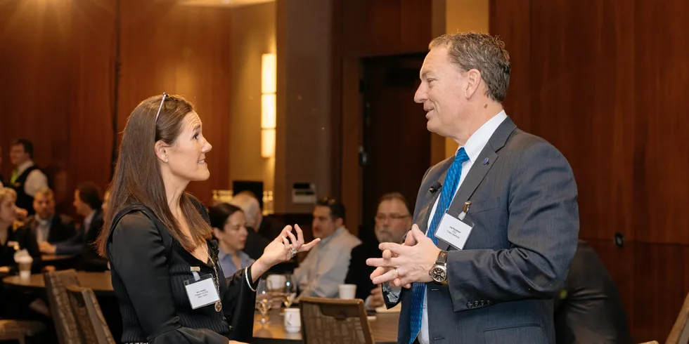 Slade Gorton CEO Kim Gorton and Trident Seafoods CEO Joe Bundrant share a moment.