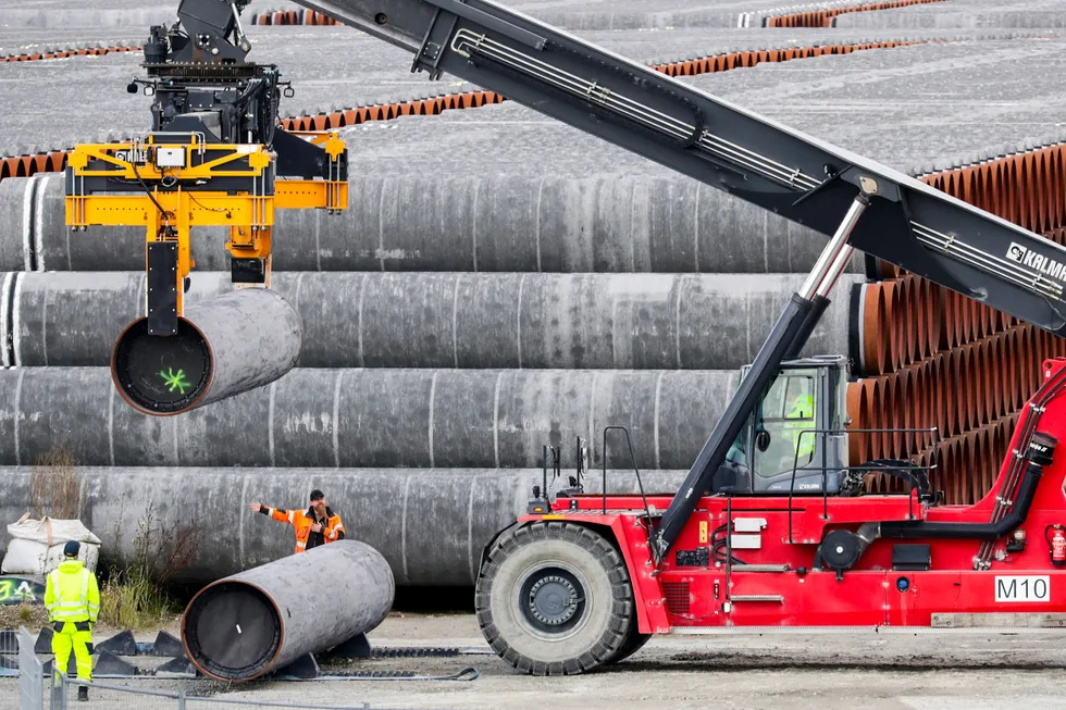 Clearing backlog: pipes for the Nord Stream 2 pipeline are stored at the port of Mukran in Germany