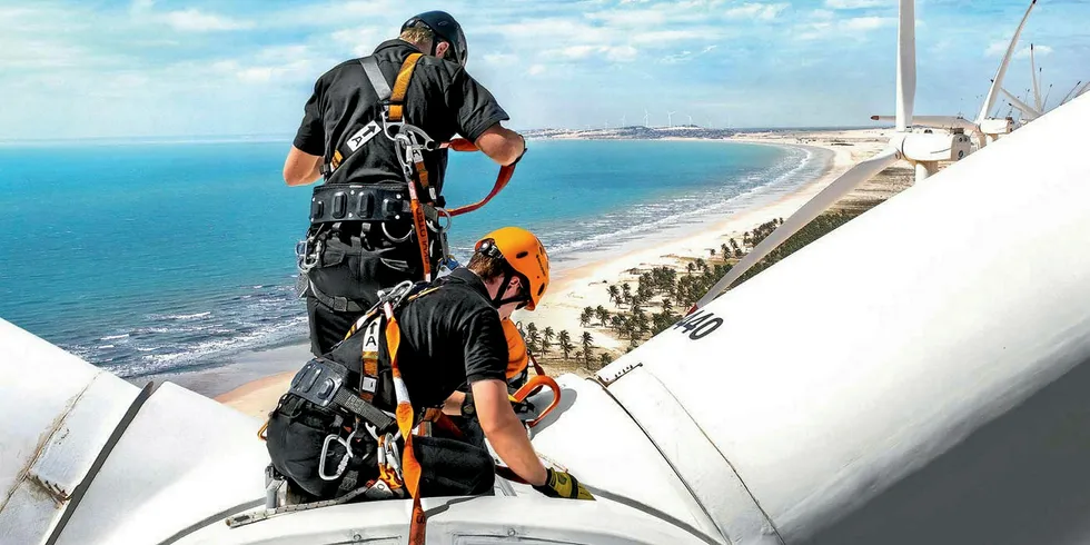 Wind turbine maintenance operatives in Brazil.