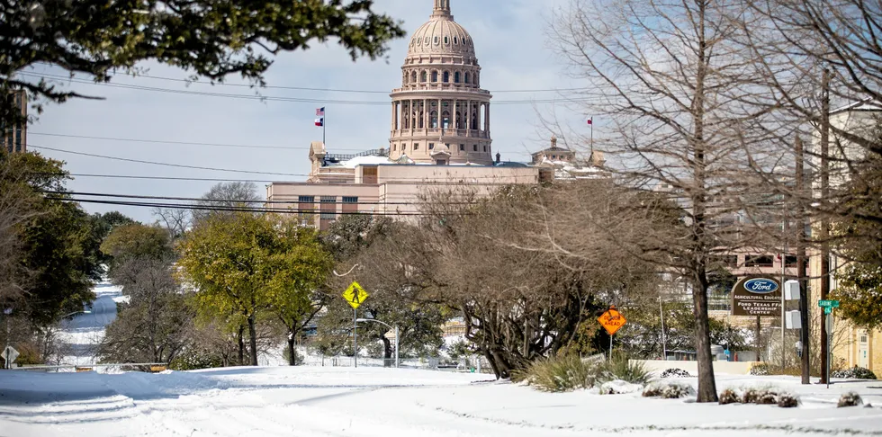 The Texas Capitol is surrounded by snow in on February 15, 2021 in Austin, Texas. Winter storm Uri has brought historic cold weather to Texas, causing traffic delays and power outages.