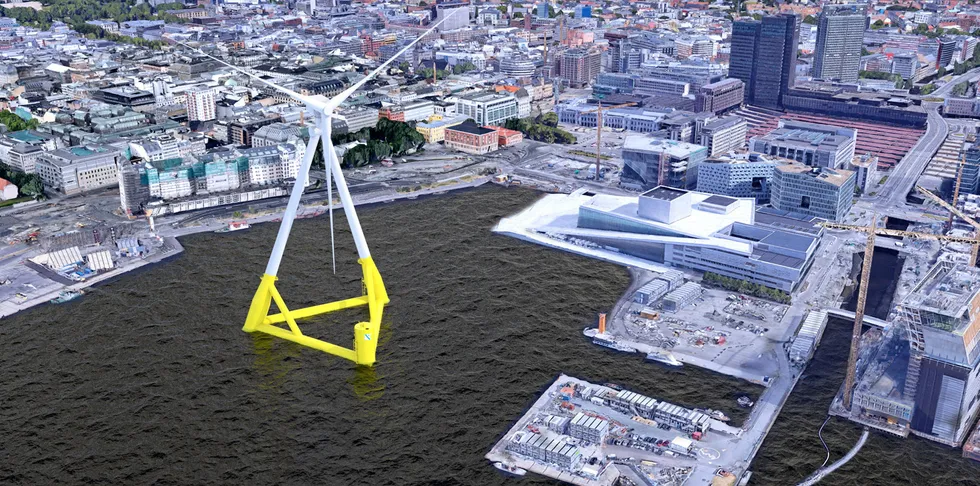 CGI of the Fred Olsen 1848's Brunel floating wind design off Oslo, for scale
