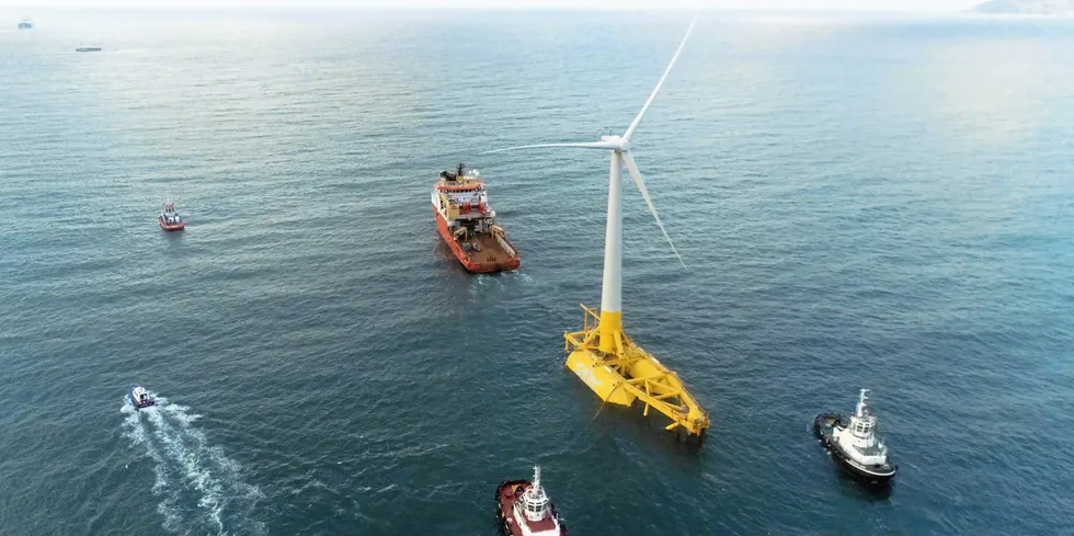 The DemoSATH floating wind platform makes it way out to sea from Bilbao.