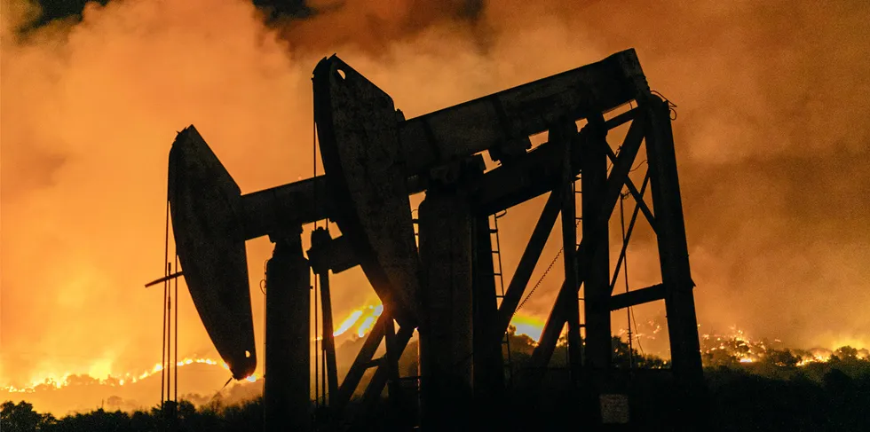 Pump jacks at an oil field during at the Maria Fire in California in 2019