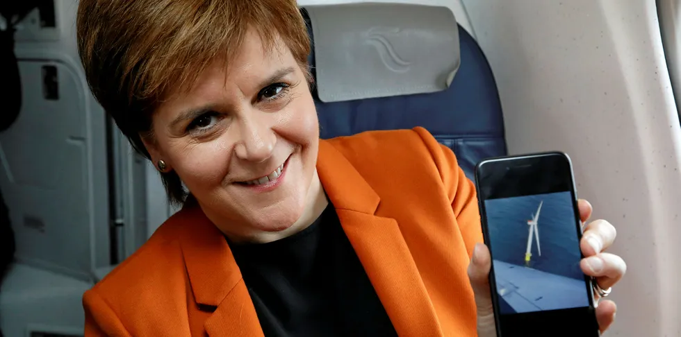 Scottish first minister Nicola Sturgeon on a fly-over of the world's first floating wind array, Hywind Scotland, in the North Sea