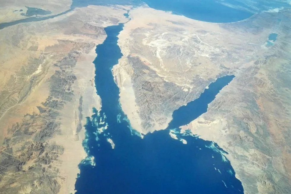 A satellite image of the Sinai Peninsula and the Red Sea, where Houthi forces have attacked commercial shipping.