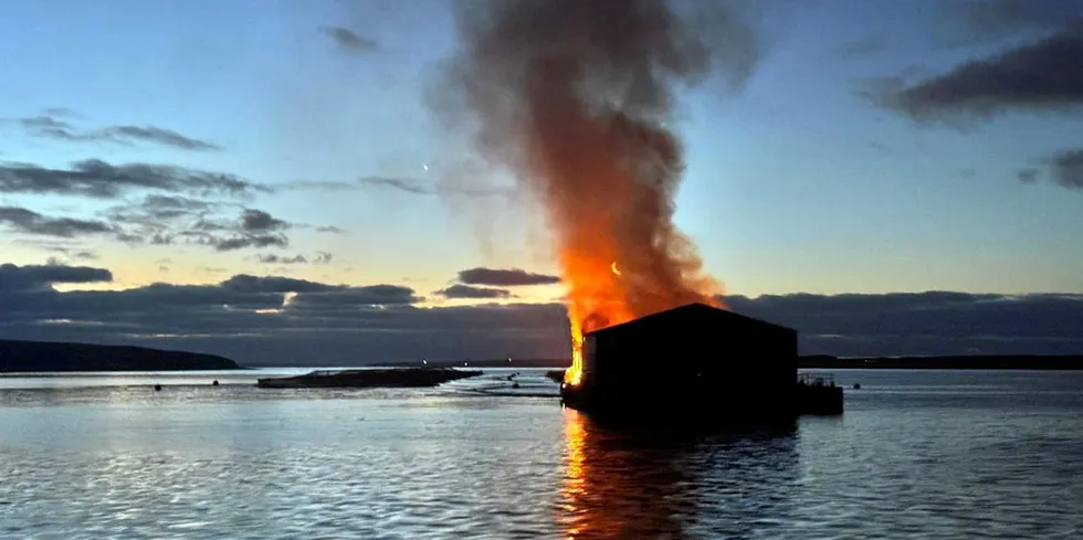 A fire broke out on a feed barge belonging to Cooke Aquaculture in Orkney, Scotland.