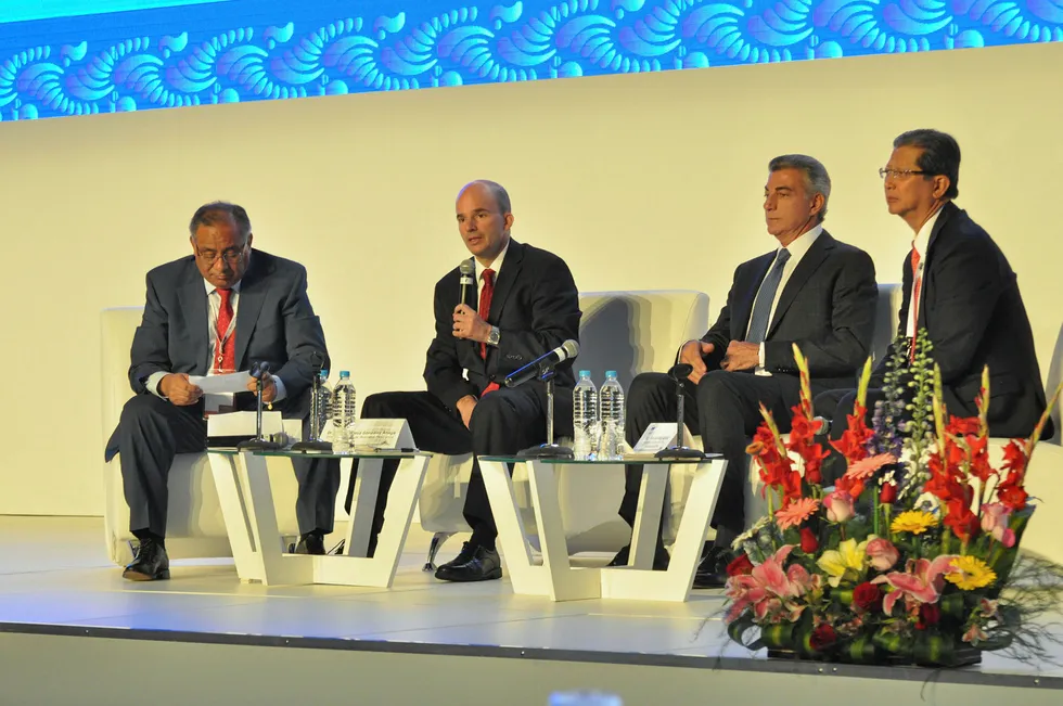 Fighting fuel theft: Pemex chief executive Jose Antonio Gonzalez Anaya, centre, discusses the problem of fuel theft before an audience at the Mexico Petroleum Congress.