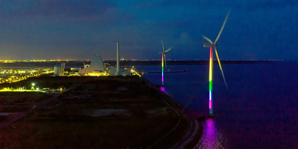 Wind turbines at Orsted's Avedøre power station in the outskirts of Copenhagen in rainbow colours to celebrate two events of the LGBTI+ community