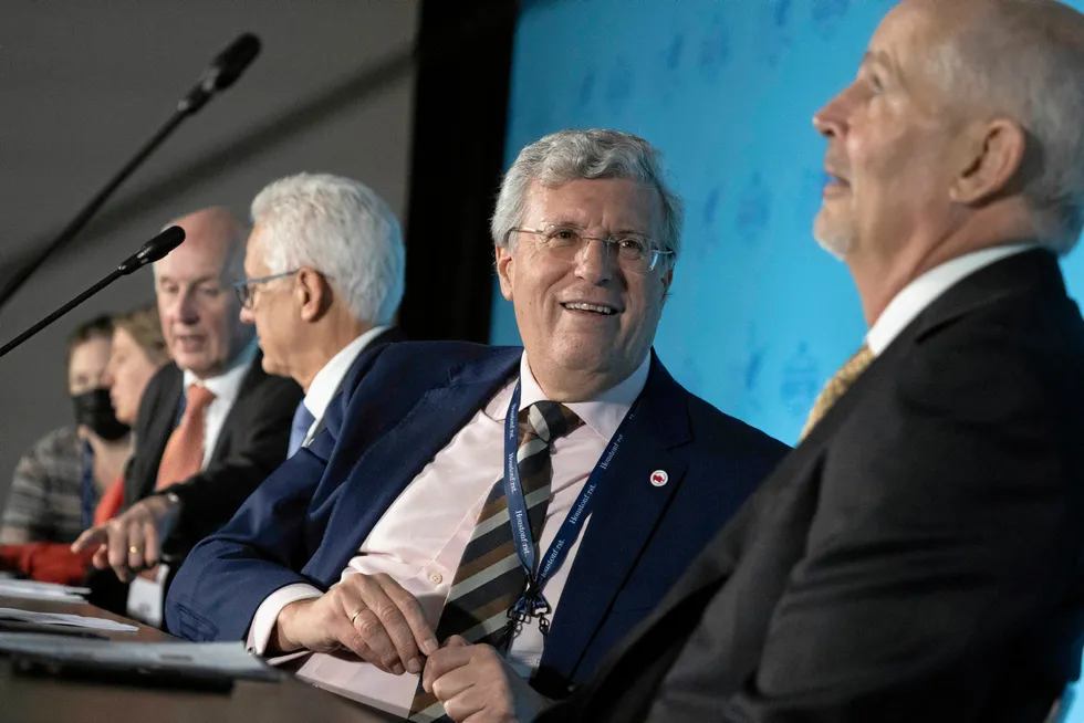New cycle: incoming World Petroleum Council President Pedro Miras Salamanca chatting during a WPC members meeting in Houston