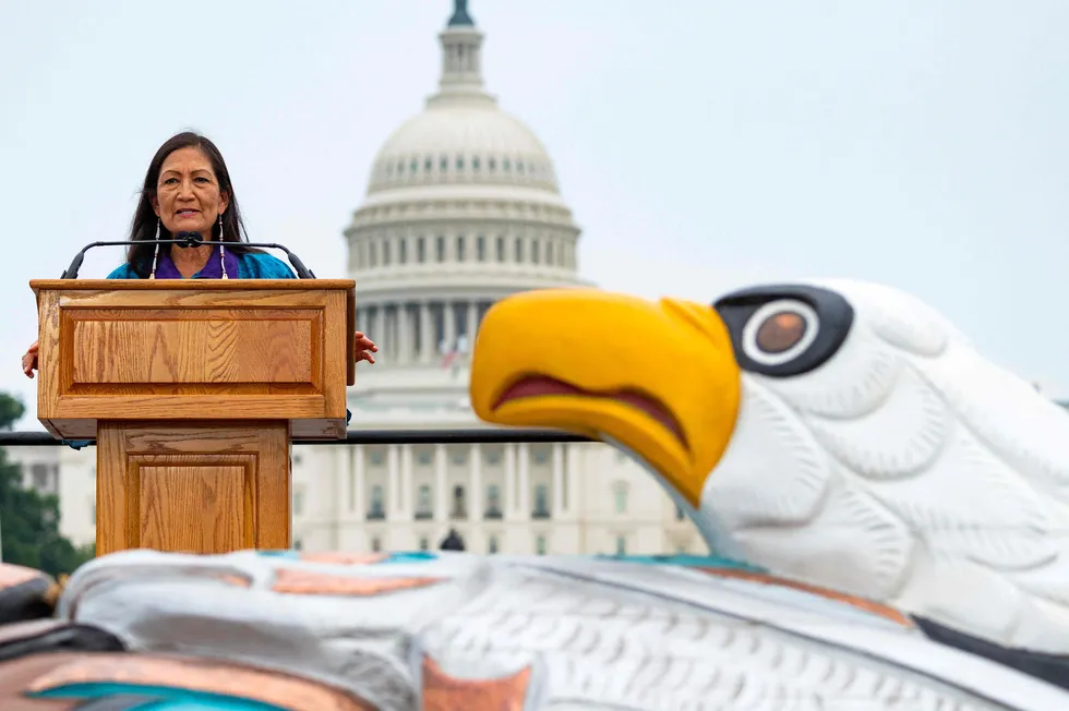 Paused: US Secretary of the Interior Deb Haaland speaking in July in Washington, DC