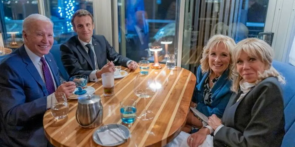 US President Joe Biden and First lady Jill Biden with French President Emmanuel Macron and spouse Brigitte Macron on Nov. 30, 2022.