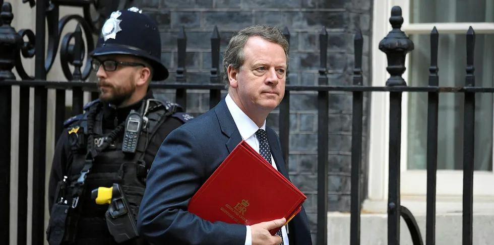 Alister Jack, UK Scottish secretary leaves Number 10 in Downing Street in London.