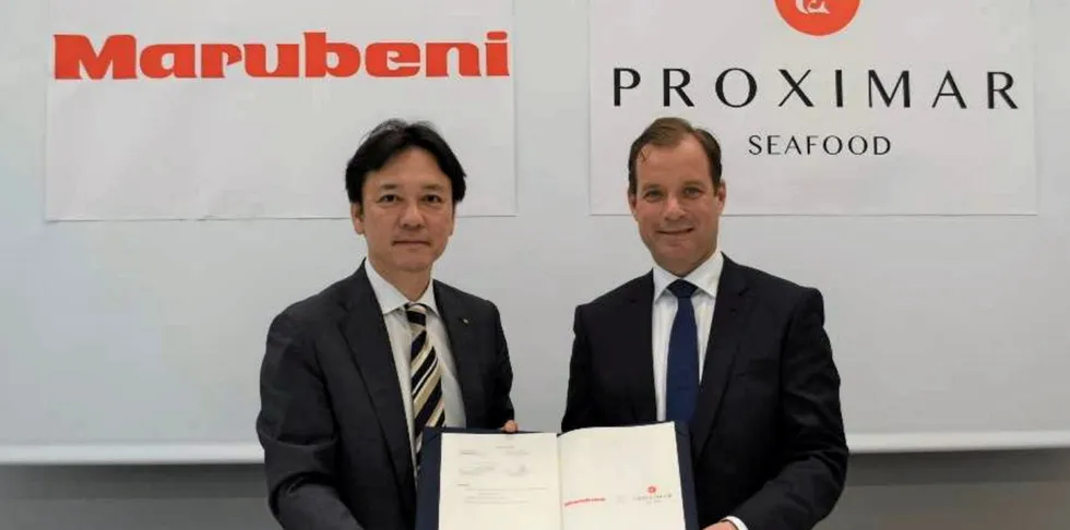 Salmon produced at the site will be distributed under a deal with Japanese conglomerate Marubeni whose General Manager of the fresh food department is pictured with Proximar CEO Joachim Nielsen (right).