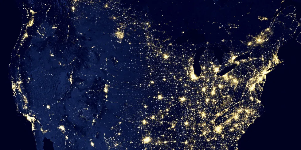 A composite view of the continental US’s night-time illuminations, highlighting the huge amount of electricity required on the heavily populated eastern seaboard
