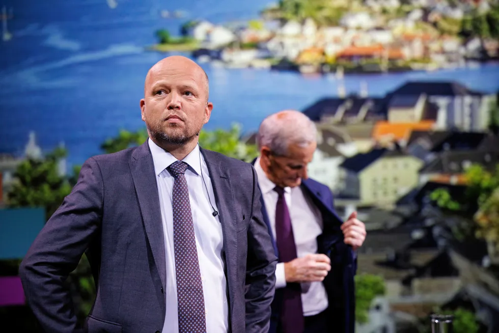 Norway's Finance Minister Trygve Slagsvold Vedum with Prime Minister Jonas Gahr Store.