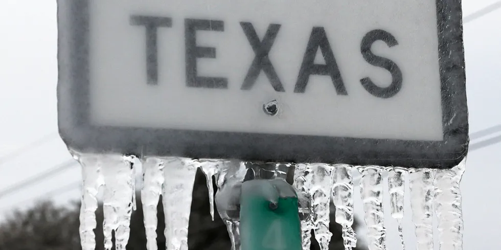 Icicles hang off a state highway on February 18, 2021 in Killeen, Texas