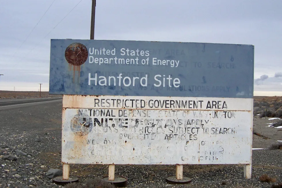 . Welcome sign at former plutonium-making Hanford Site.