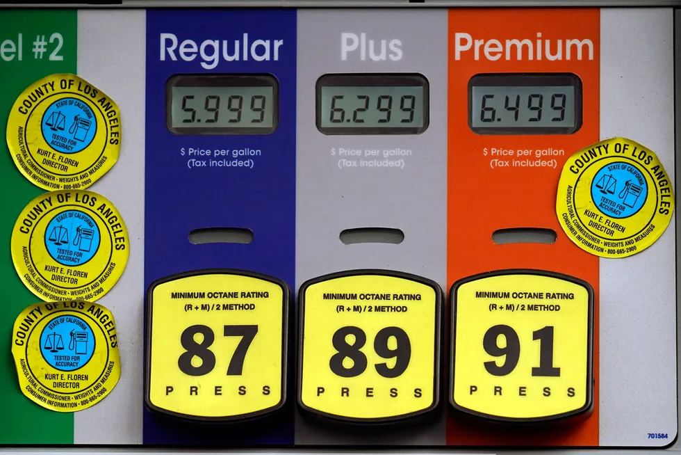 Inflation: gasoline prices posted on a pump in Beverly Hills, California