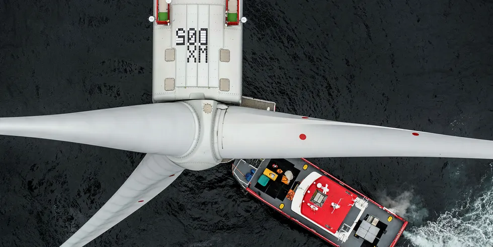 Aerial images of Walney Extension West Offshore Wind Farm. Completed in 2018 the wind farm, located in the Irish Sea 19km from the coast of Cumbria, UK features 40 MHI Vestas Offshore Wind V164-8.0 wind turbines.