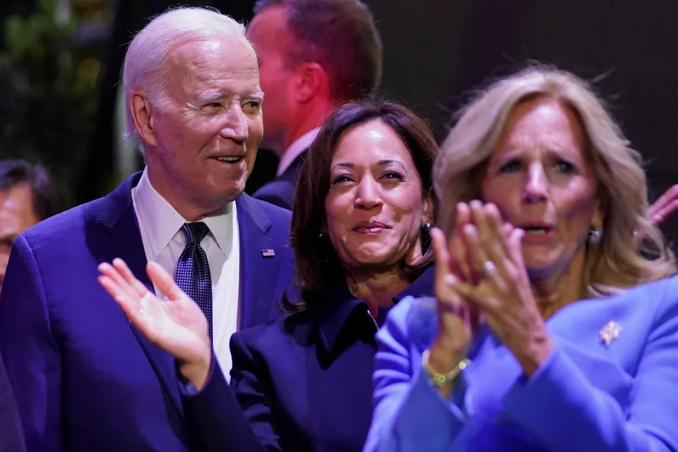 From left, US President Joe Biden, Vice President Kamala Harris and first lady Jill Biden attend a welcome reception for Asia-Pacific Economic Cooperation (APEC) leaders in San Francisco, California, on 15 November 2023.