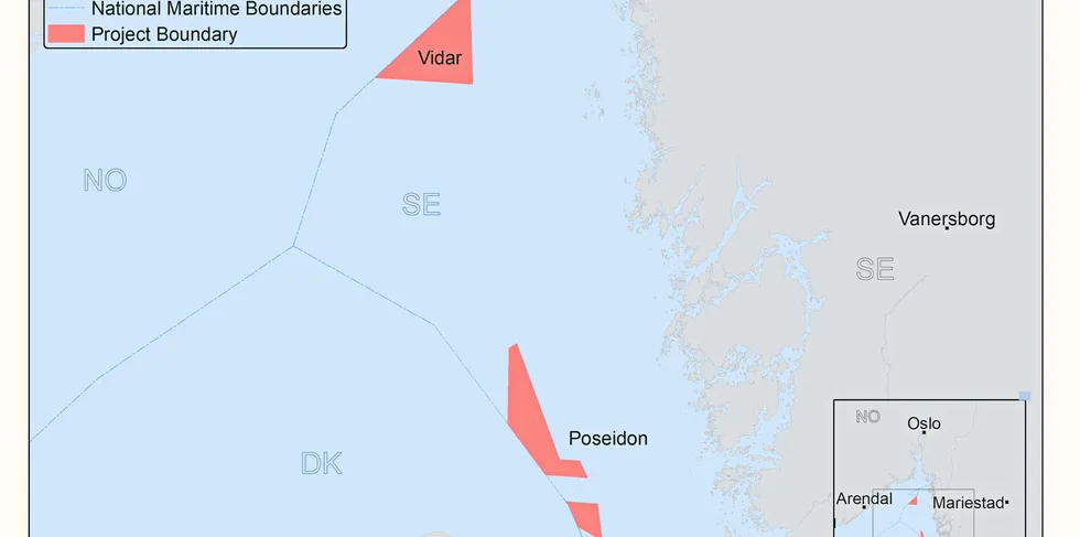 Map of Swedish coast with Vidar and Poseidon offshore wind projects
