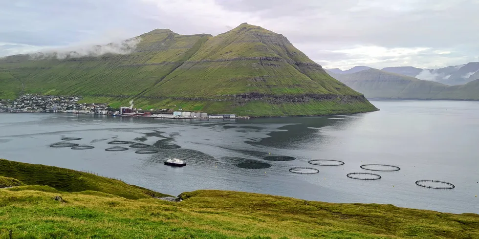 The Havsbrun feed factory is located in Fuglarfjord in the Faroe Islands. In the foreground is one of Bakkafrost's fish farms.