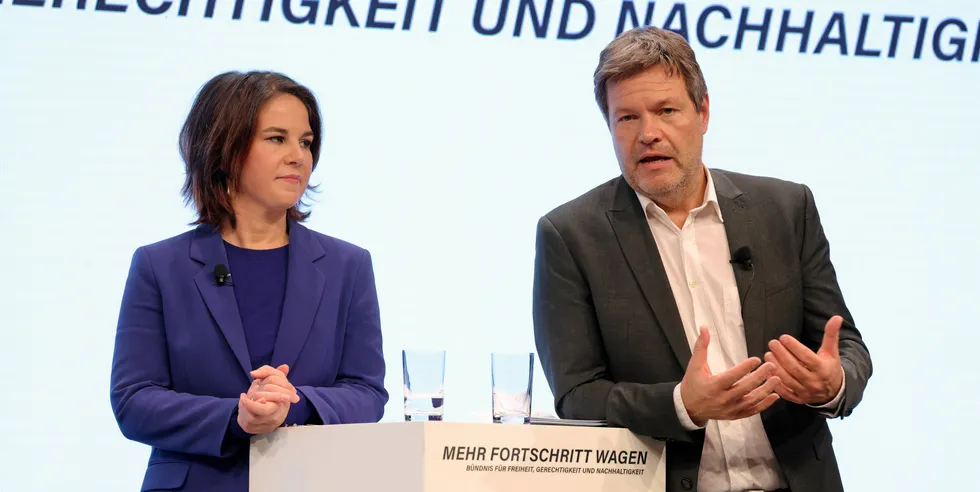 Green Party leaders Annalena Baerbock and Robert Habeck at presentation of coalition treaty in Berlin