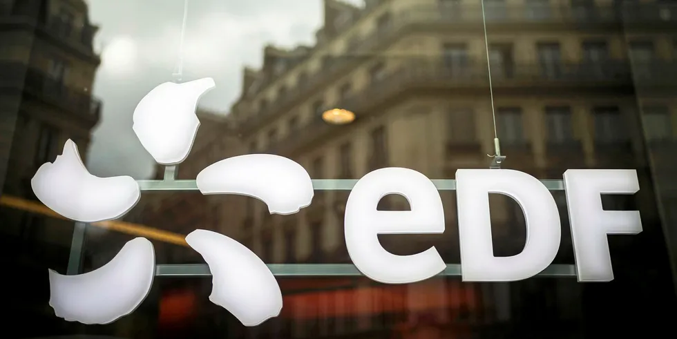 The logo of French electric utility company Electricite de France (EDF)
