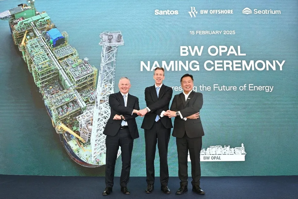 From left: Santos CEO Kevin Gallagher, BW Offshore CEO Marco Beenen and Seatrium CEO Chris Ong at the naming ceremony of FPSO BW Opal for the Barossa project