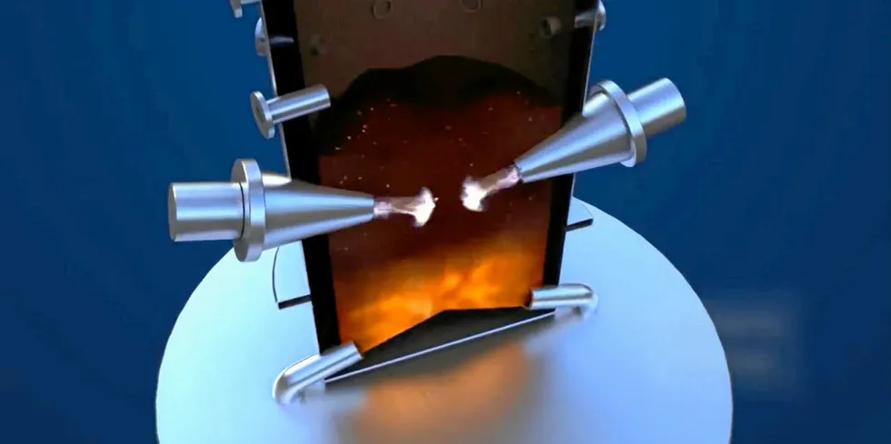 Plasma torches inside SGH2's gasification chamber, which heat waste materials to temperatures of up to 4,000C.