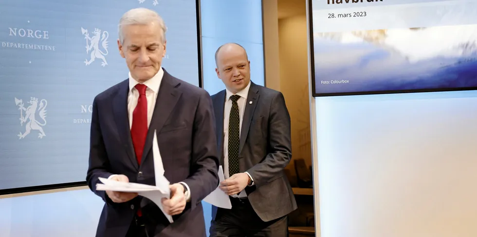Norway's Prime Minister Jonas Gahr Store and Finance Minister Trygve Slagsvold Vedum is holding a press conference on the aquaculture tax today, March 28.