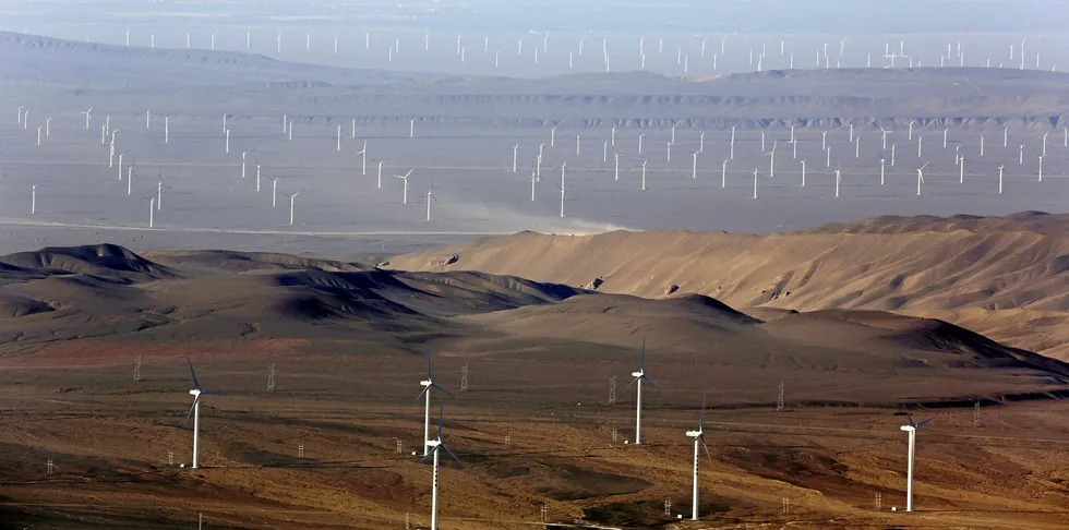 Wind turbines in Turfan Depression in China's northwestern Xinjiang province