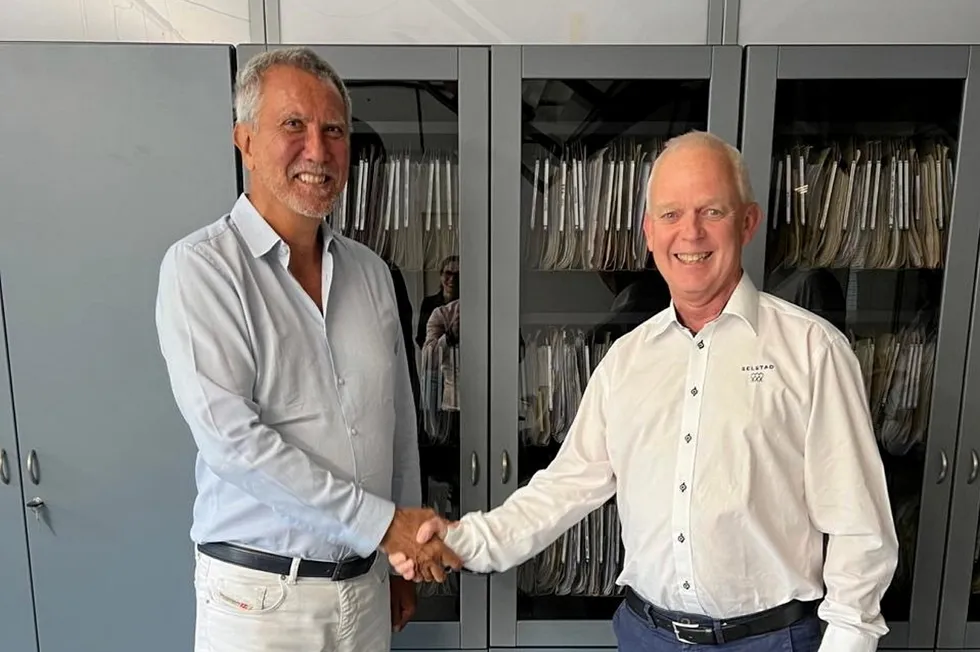 "The location in Morocco, close to Europe, will allow us to reduce delivery times and ensure high standards of quality control," Selstad Group CEO Hans Petter Selstad (to the right) said in the statement, shaking hands with Badinotti Preseident Giancarlo Badinotti (to the left).