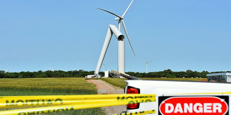 A collapsed GE turbine at Enel Green Power's Chisholm View 2 wind farm, the second to topple this year.