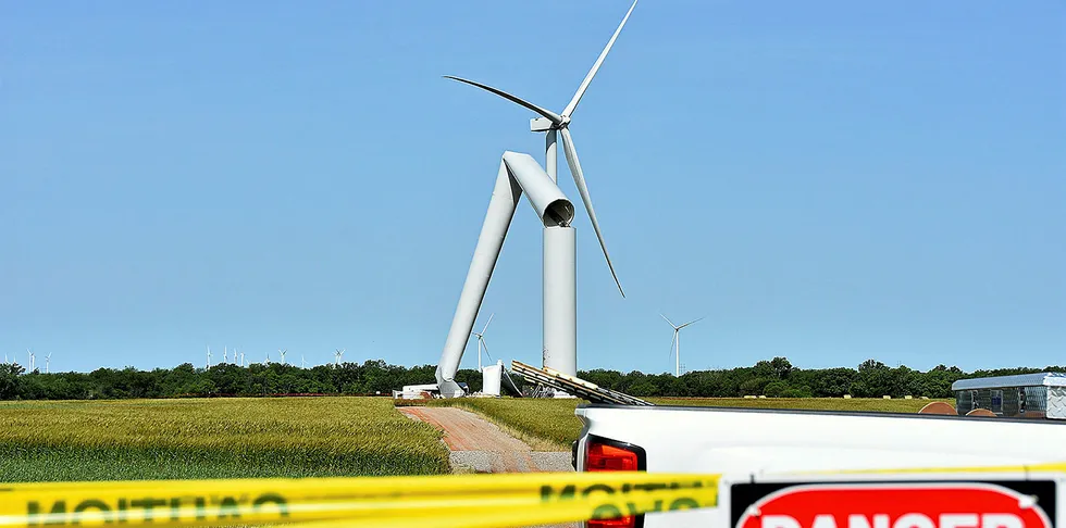 A wind turbine at the Chisholm View wind farm near Hunter, Okla., collapsed Tuesday May 21, 2019.