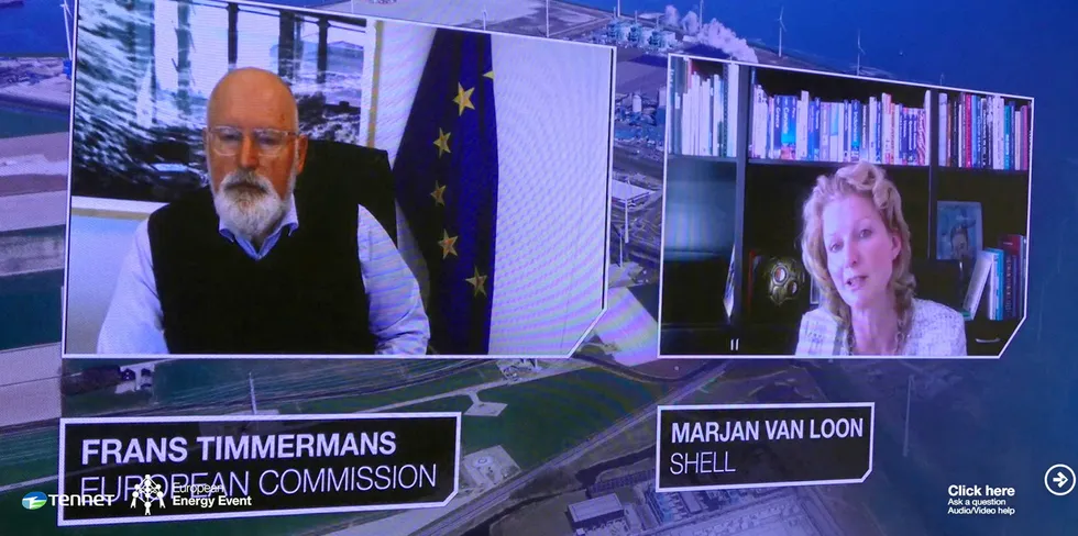 Shell Netherlands boss Marjan van Loon speaking alongside European Commission vice-president Frans Timmermans at German transmission system operator TenneT's European Energy conference on Tuesday.