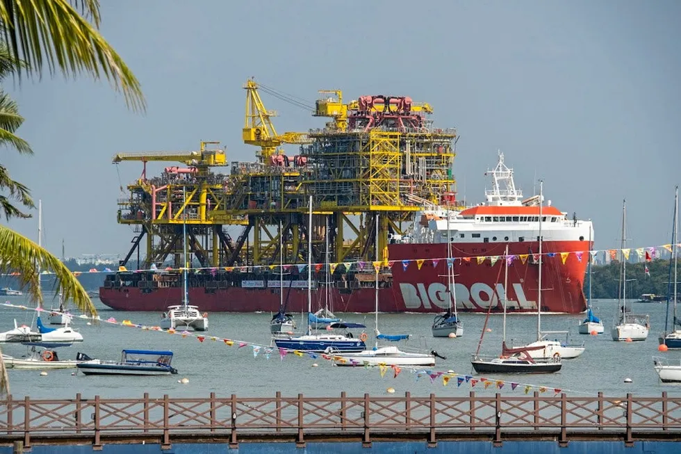 Mighty assignment: Tyra structures being delivered from Sembcorp Marine in Singapore.
