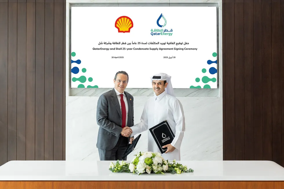 QatarEnergy chief executive Saad Sherida Al Kaabi and Shell chief Wael Sawan sign long-term condensate supply deal.