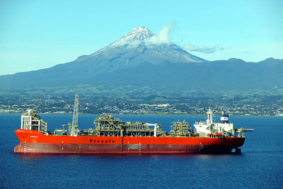 FPSO Umuroa earlier at Tui field with Mt Taranaki in the background, Taranaki basin, New Zealand