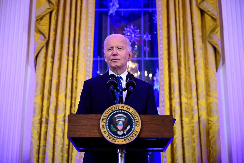 US President Joe Biden speaks during a Hanukkah holiday reception in the East Room of the White House on Monday, 16 December 2024, in Washington, DC.