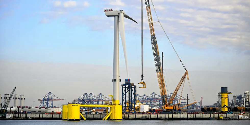 Assembly of one of the five units for the 50MW Kincardine floating wind farm off Scotland