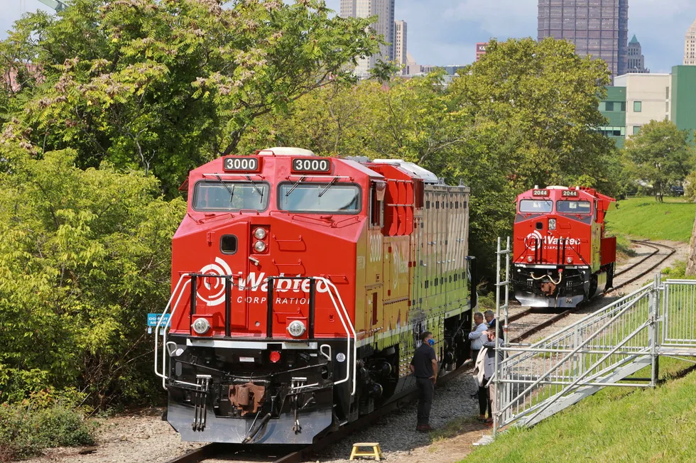 Wabtec's locomotives at the Freight 2030 in September 2021 in Pittsburgh, US.