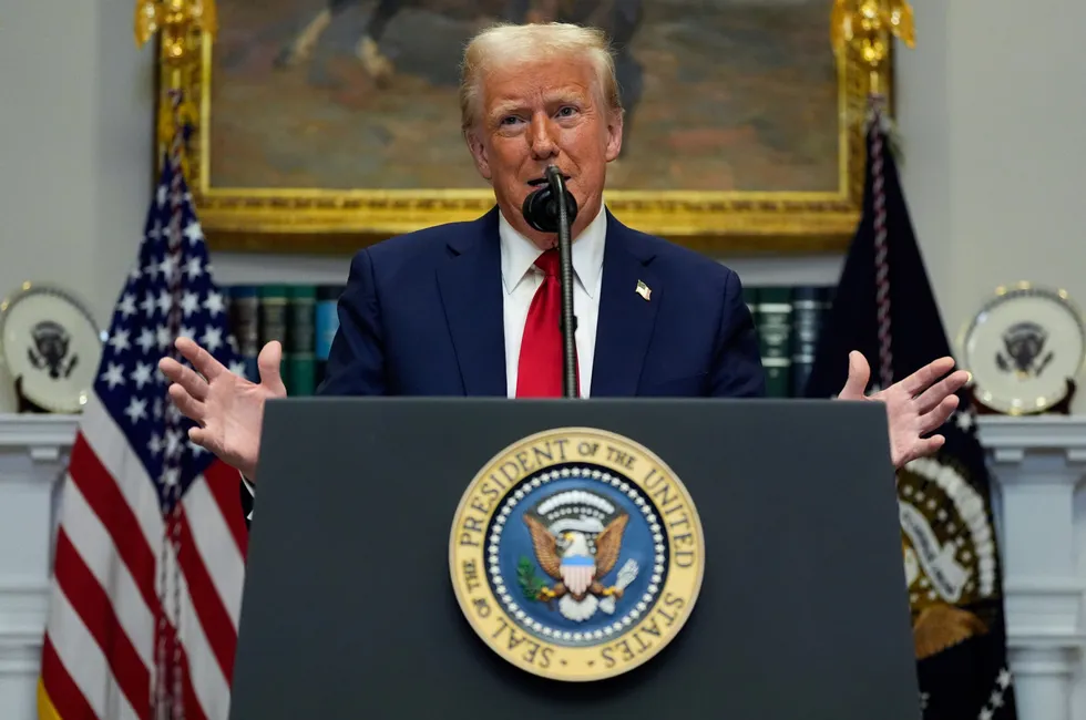 President Donald Trump speaks in the Roosevelt Room of the White House, on Tuesday.