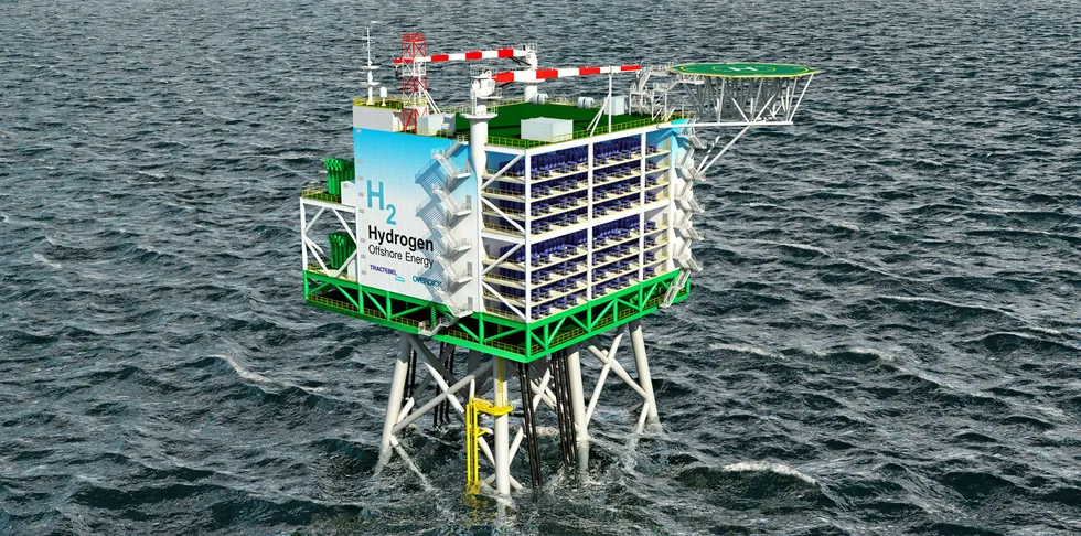 A rendering of an offshore hydrogen-production platform.