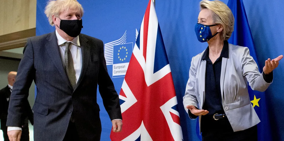EU Commission President Ursula von der Leyen shows the way out to UK Prime Minister Boris Johnson.