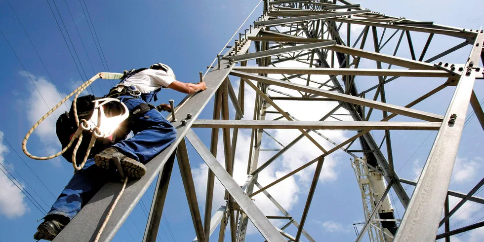 Workers at the installation of an electricity pylon in Germany